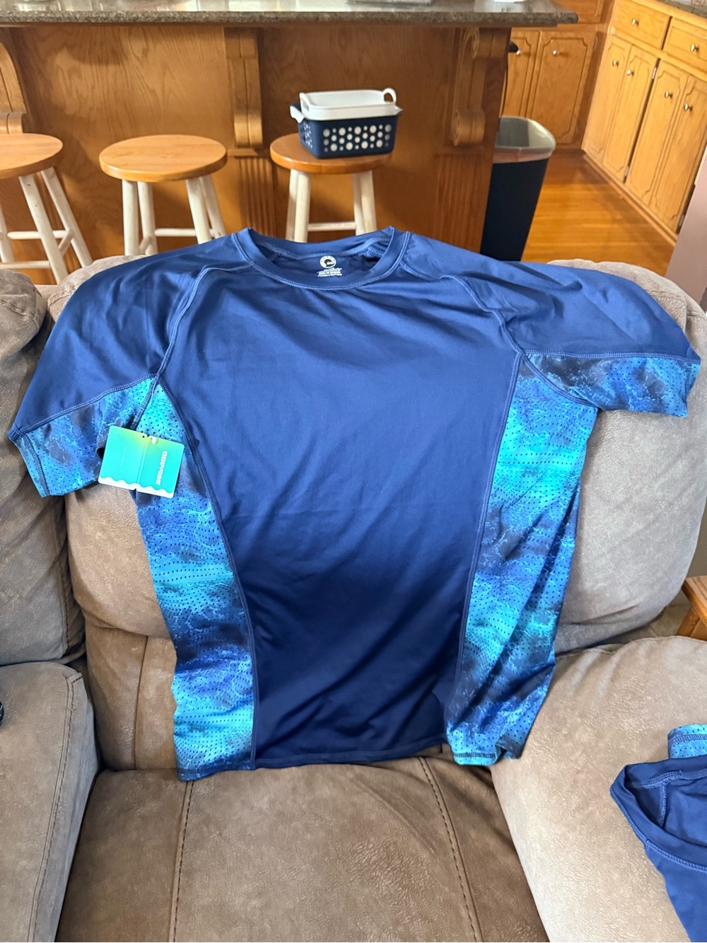 Men's Navy Rash Guard with Blue Patterned Side Panels. Lot of 2 XL